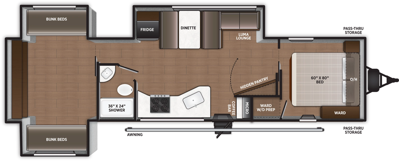 The Airelume 315 floorplan has one entry and three slide outs. Exterior features include: metal exterior and 18' awning. Interiors features include: bunk beds and front bedroom.